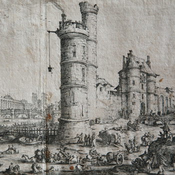 Jacques Callot. Vue du Pont Neuf, de la Tour et de l'ancienne Porte de Nesle (détail). COLL GUEN ICONO TOPO 10 RES (98)
